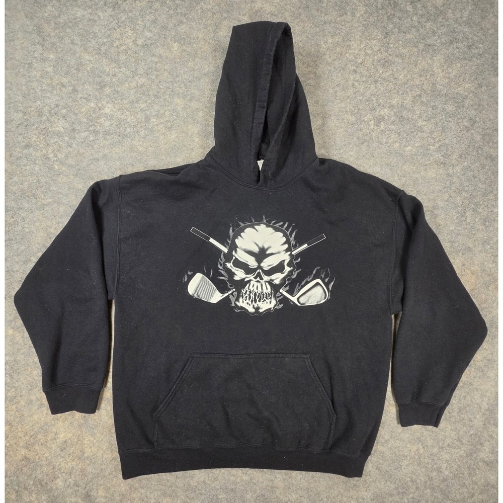 Gildan Heavy Blend Mens XL Black Golf Skull Crossed Clubs Graphic Hoodie
